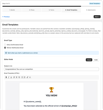 ReelWin branded email template with contest details, prize, and call-to-action button