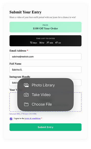 ReelWin public submission portal where customers upload entries