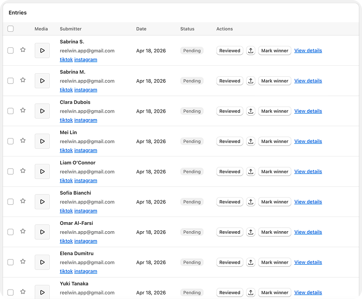 ReelWin submissions grid with multiple entries for a contest