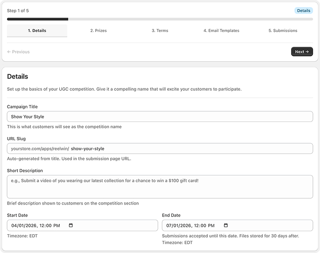 ReelWin contest setup wizard on step one